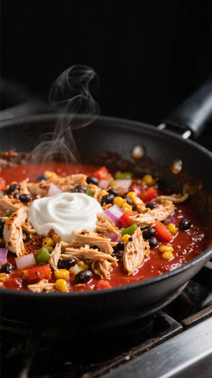 Cooking process, close-up detail: A 10-inch skillet on the stovetop with the cooked, seasoned chicke