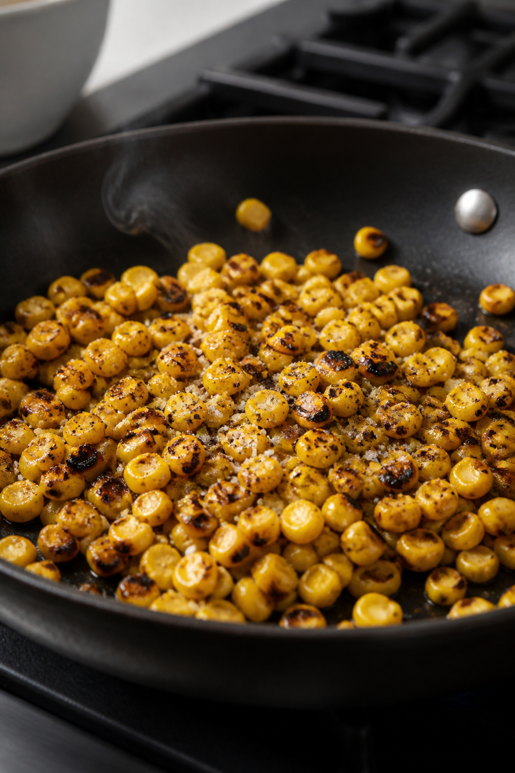 Cooking process, close-up detail: Charred corn kernels sizzling in a black nonstick skillet over med