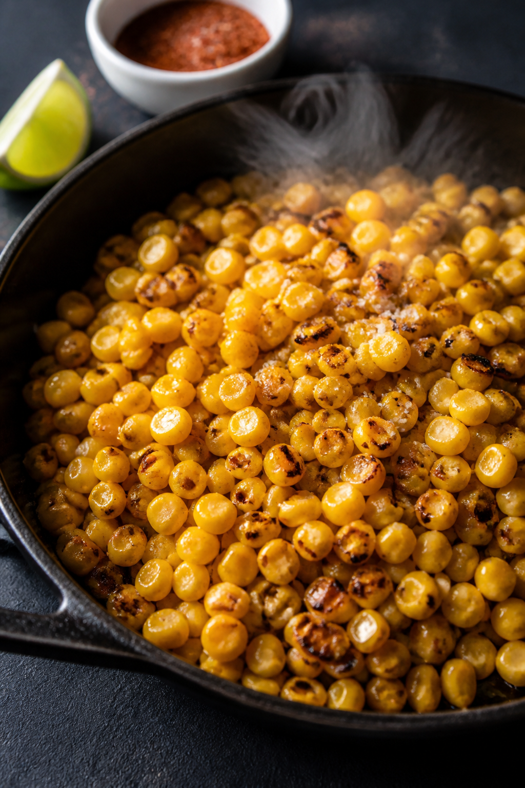 Cooking process, close-up detail: Charred street corn sizzling in a black cast-iron skillet, kernels