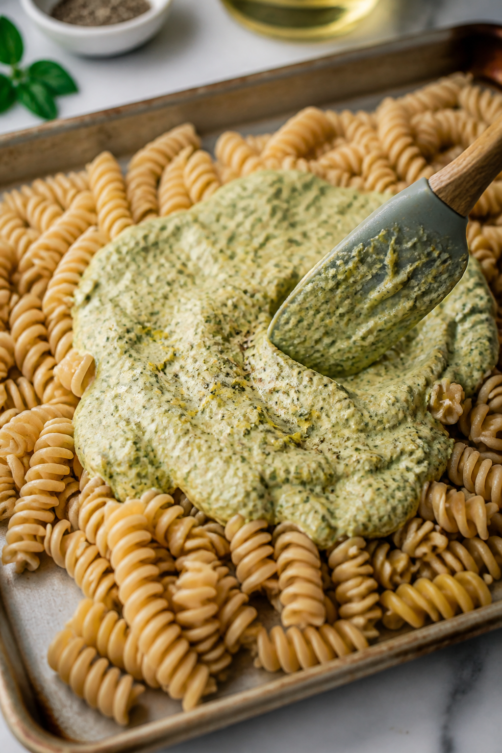 Cooking process, close-up detail: Close-up of al dente chickpea rotini just drained and spread on a