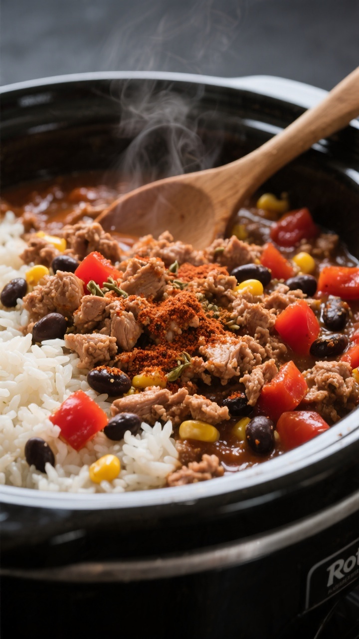 Cooking process, close-up detail: Close-up of browned, seasoned ground turkey mixture in a slow cook