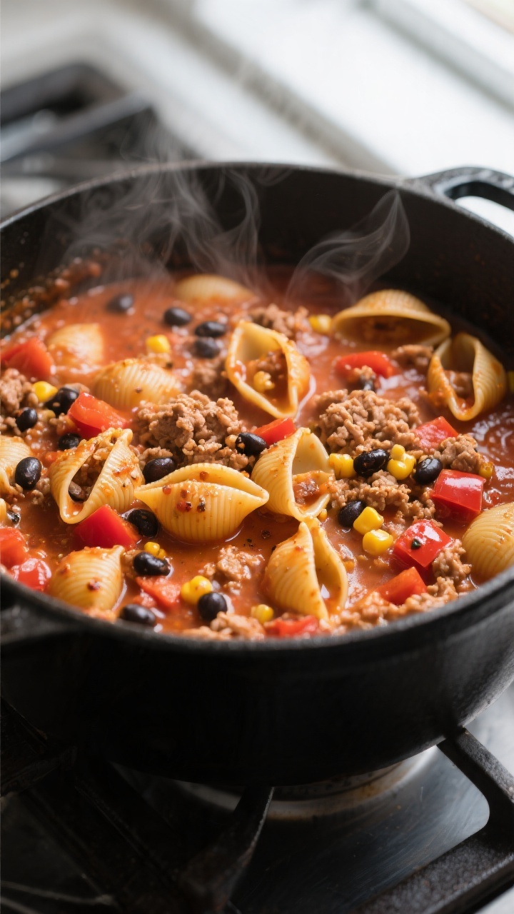 Cooking process, close-up detail: Close-up of one-pot taco pasta simmering in a matte black Dutch ov