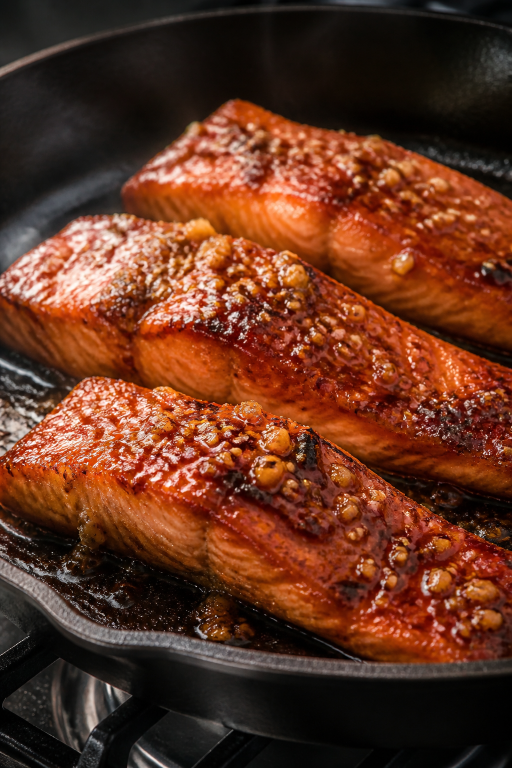 Cooking process, close-up detail: Close-up of salmon fillets in an oven-safe skillet just after glaz
