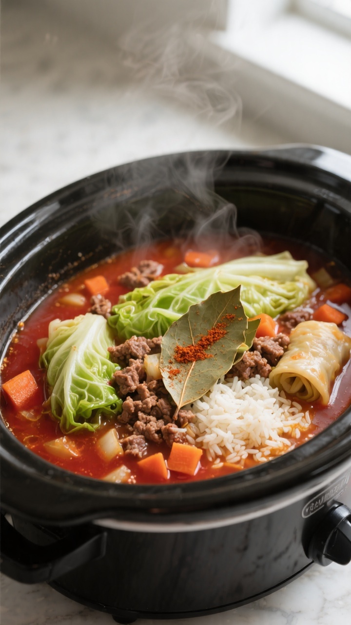 Cooking process, close-up detail: Close-up of slow cooker cabbage roll soup simmering in a matte-bla