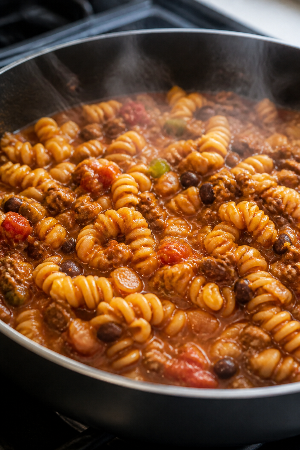 Cooking process, close-up detail: Close-up of taco pasta simmering in a deep skillet, rotini cooking