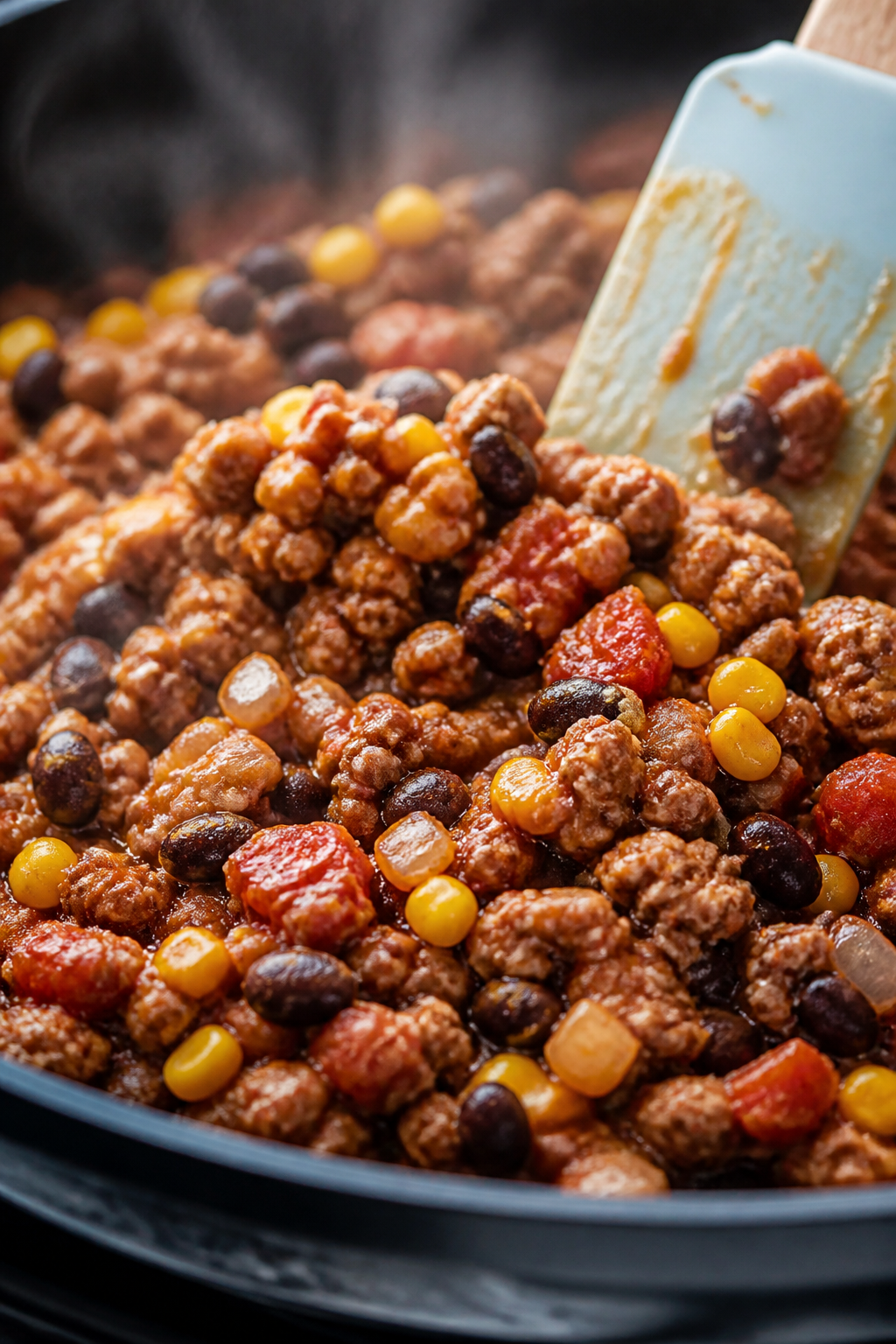 Cooking process, close-up detail: Close-up of taco-seasoned ground turkey simmering with black beans