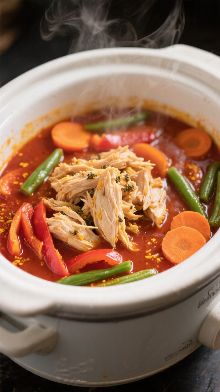 Cooking process, close-up detail: Close-up of tender shredded chicken simmering in a silky red cocon