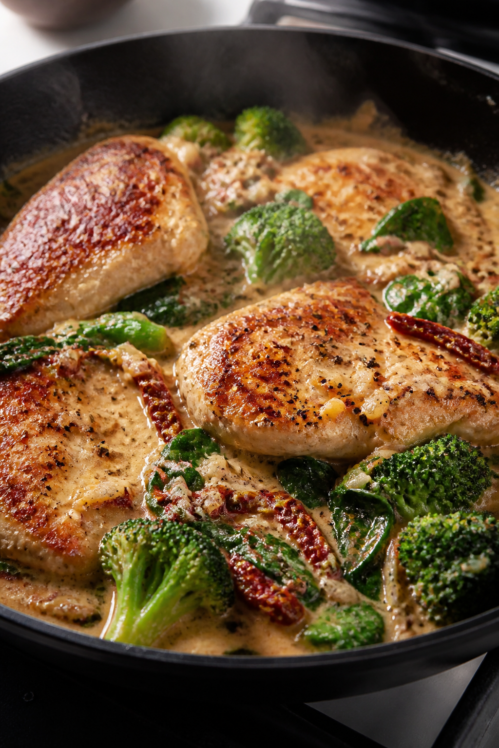 Cooking process, close-up detail: Golden-seared chicken cutlets nestled in a skillet as the creamy s