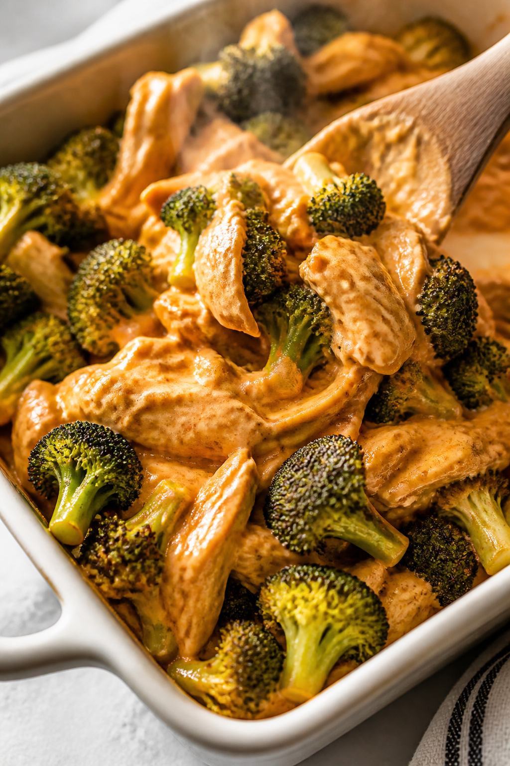 Cooking process, close-up detail: Roasted broccoli florets and buffalo-coated shredded chicken being