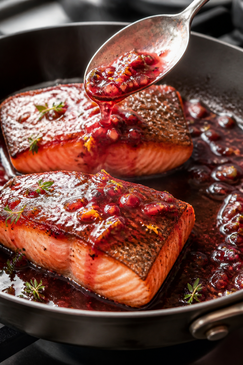 Cooking process, close-up detail: Salmon fillets searing skin-side down in an oven-safe skillet, ski