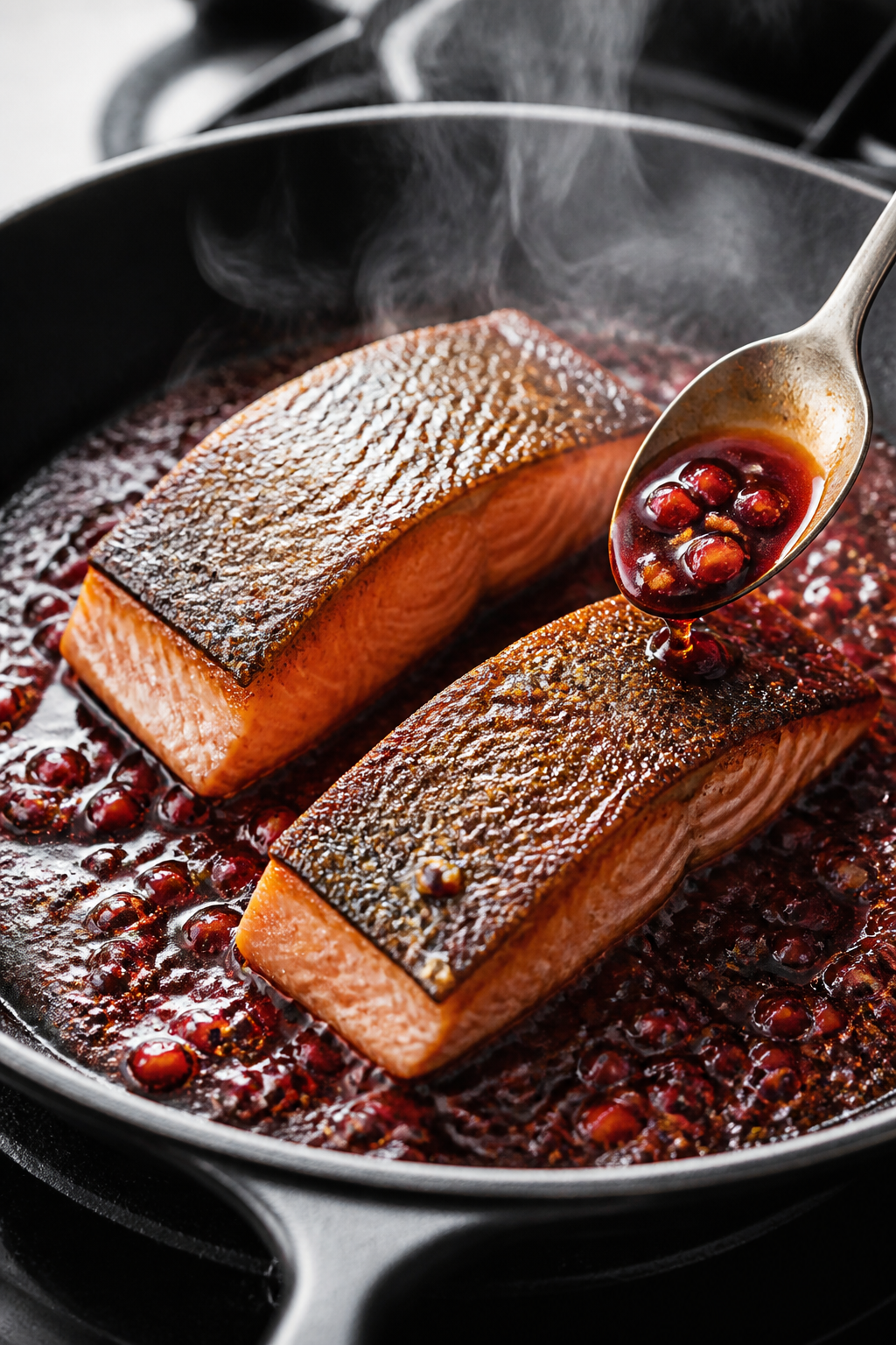 Cooking process, close-up detail: Salmon fillets searing skin-side down in a black skillet, skin cri