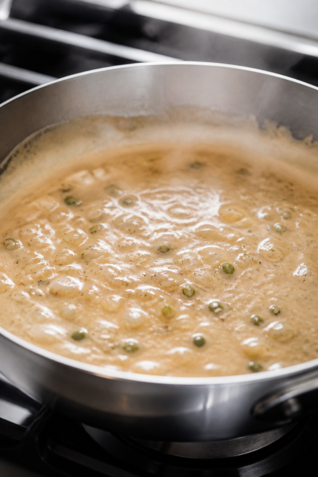 Cooking process, close-up detail: Sautéed aromatics and sauce for Healthy White Chicken Enchiladas 