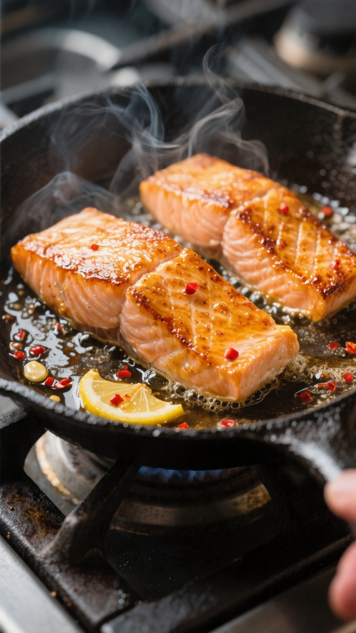 Cooking process, close-up detail: Searing salmon fillets in a well-heated cast-iron skillet, golden-