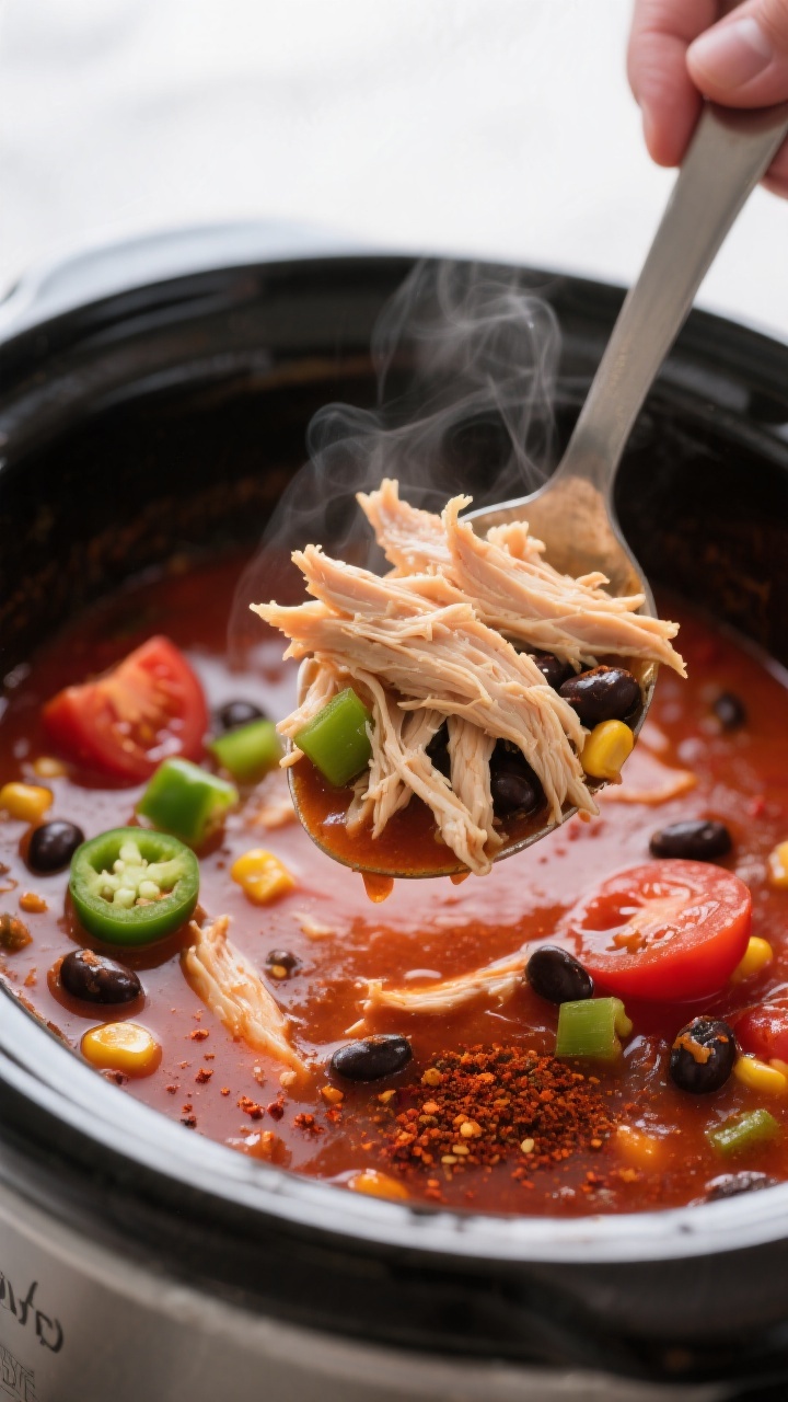 Cooking process, close-up detail: Shredded chicken being returned to a simmering crockpot of chicken