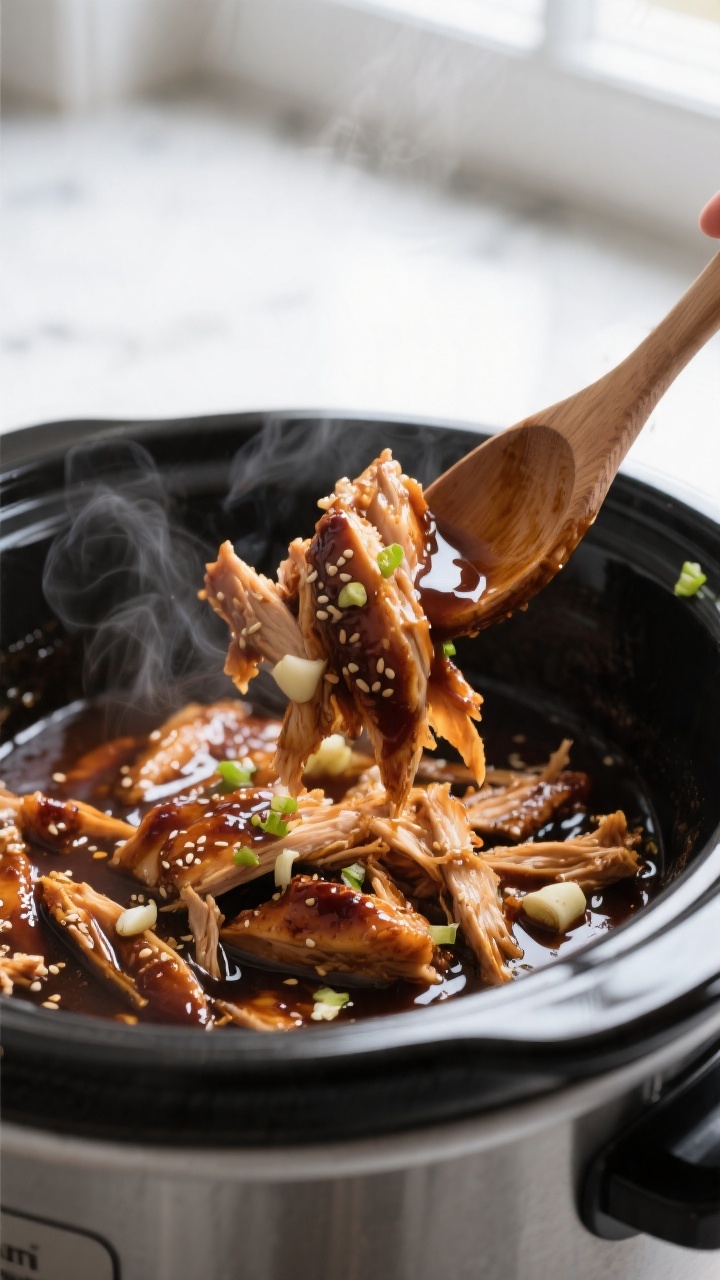 Cooking process, close-up detail: Shredded crockpot teriyaki chicken being tossed back into a glossy