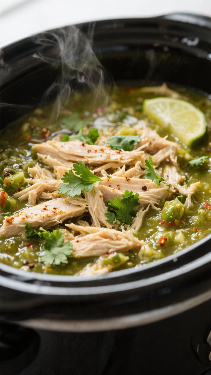 Cooking process, close-up detail: Shredded salsa verde chicken just returned to the crockpot, gliste