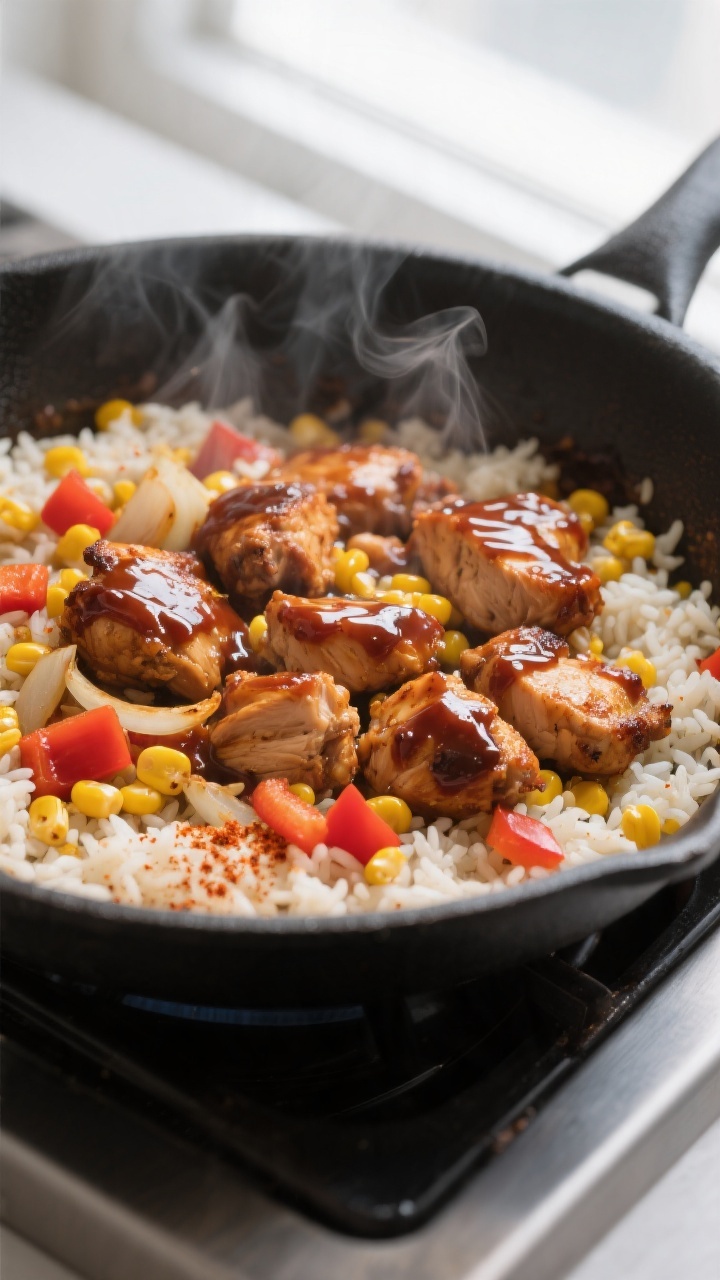 Cooking process, close-up detail: Sizzling BBQ chicken and rice simmering in a deep 12-inch skillet,