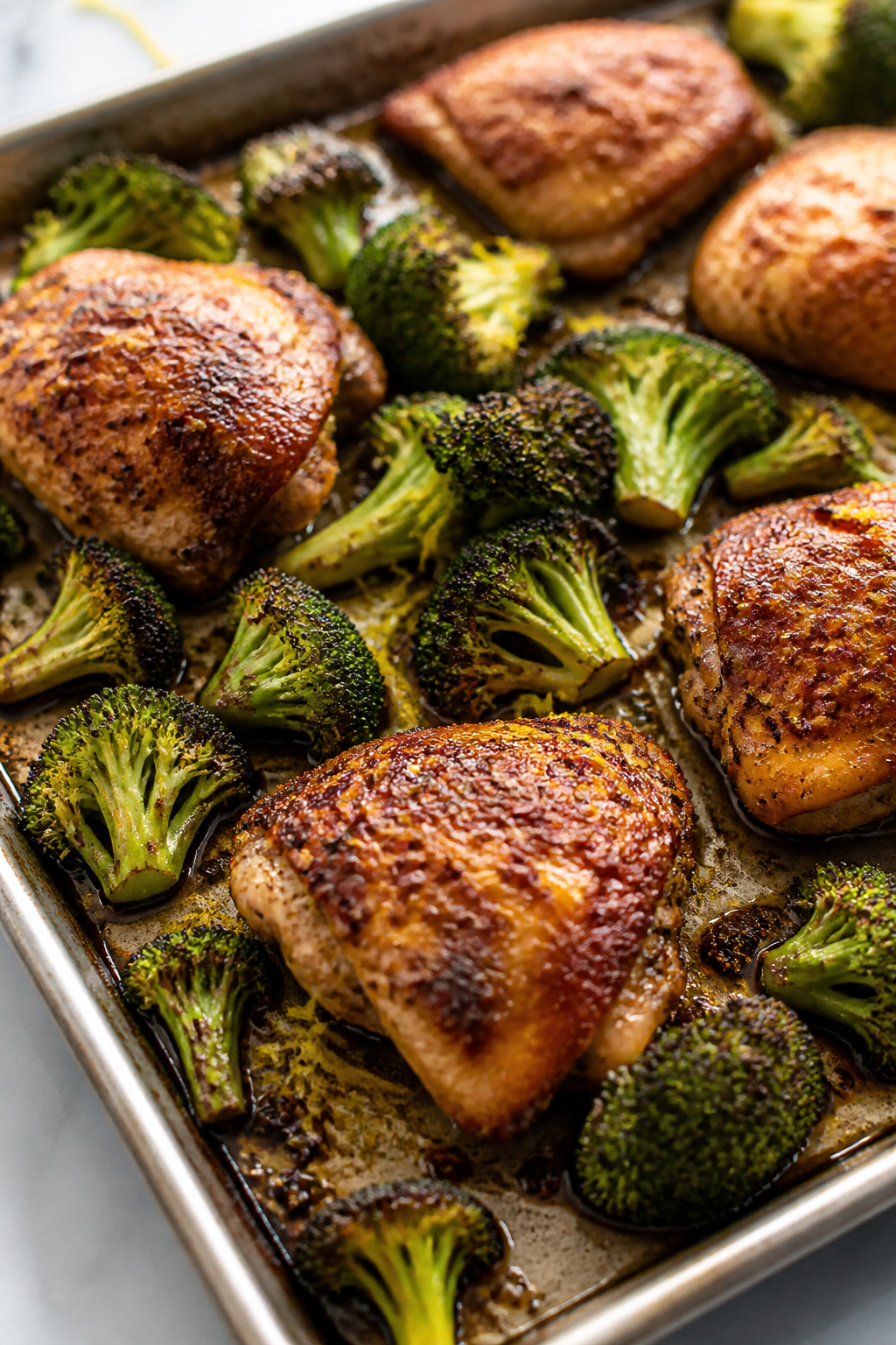 Cooking process, close-up detail: Sizzling sheet pan chicken thighs nestled among broccoli florets m