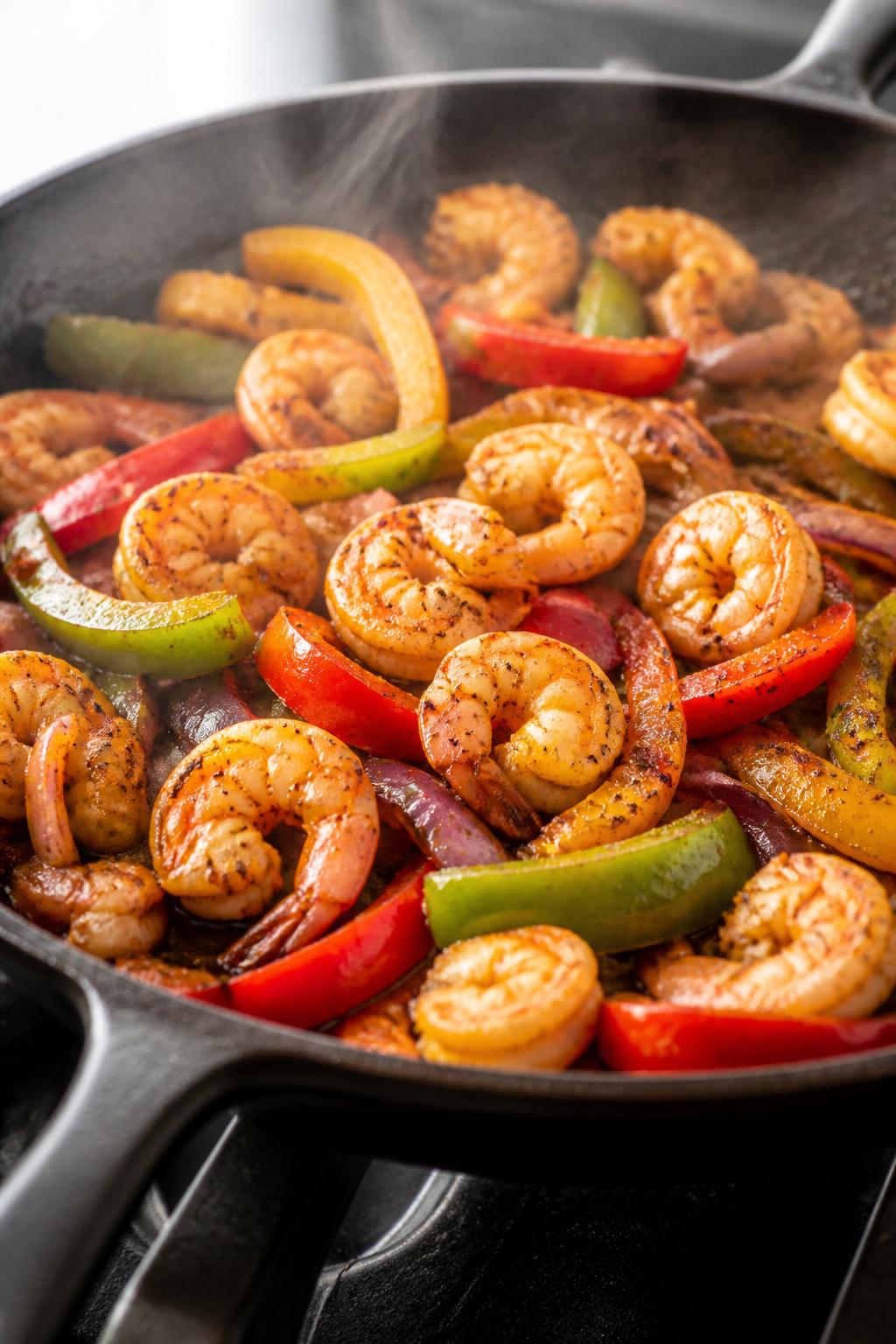 Cooking process, close-up detail: Sizzling shrimp fajitas in a cast-iron skillet over medium-high he