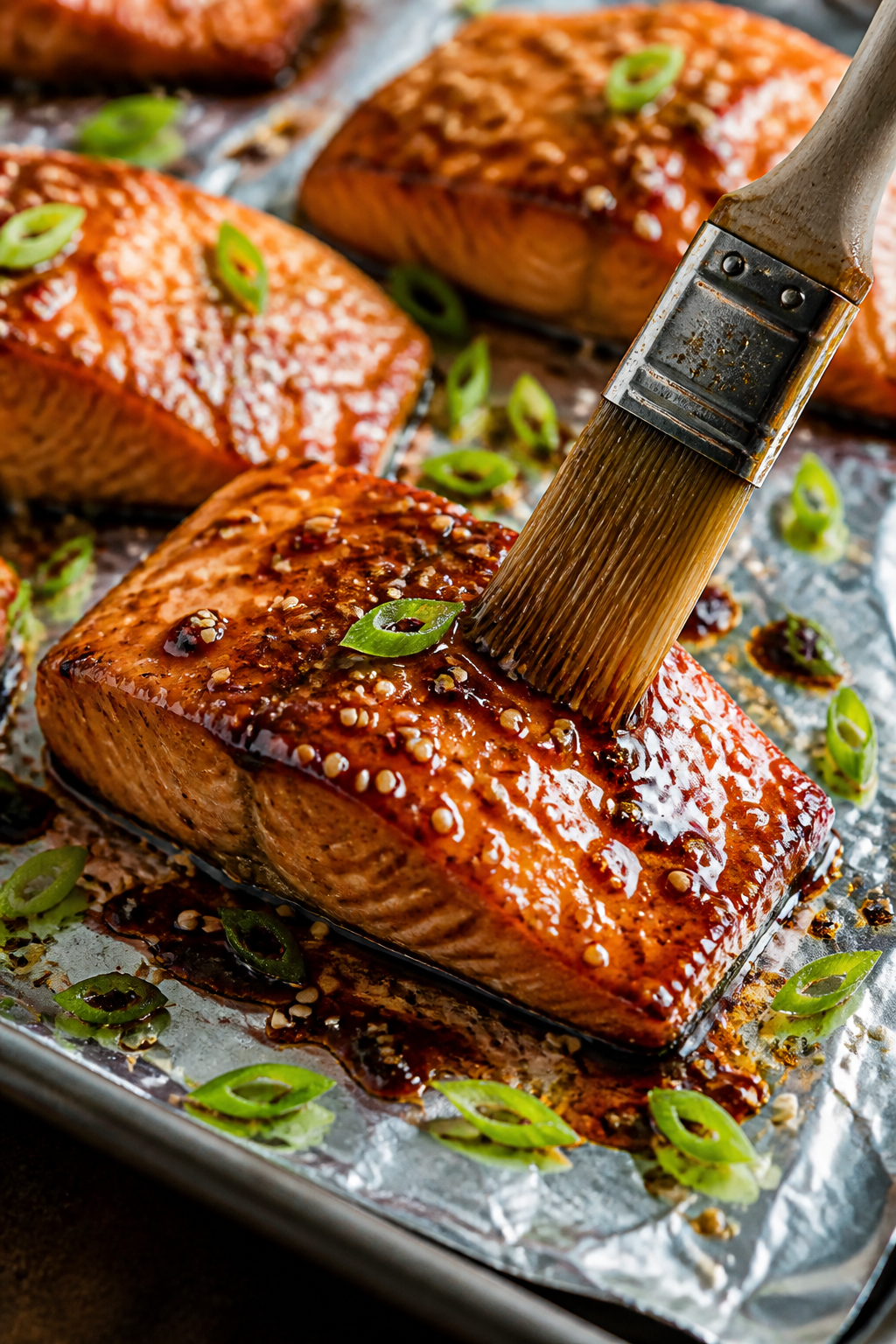 Cooking process, close-up detail: Sticky Asian glazed salmon fillets on a foil-lined sheet pan mid-b