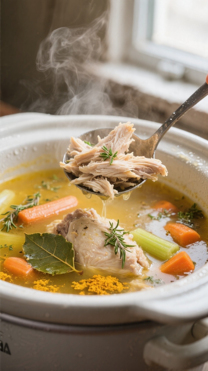 Cooking process, close-up detail: Tender shredded chicken being returned to a steaming crockpot of g