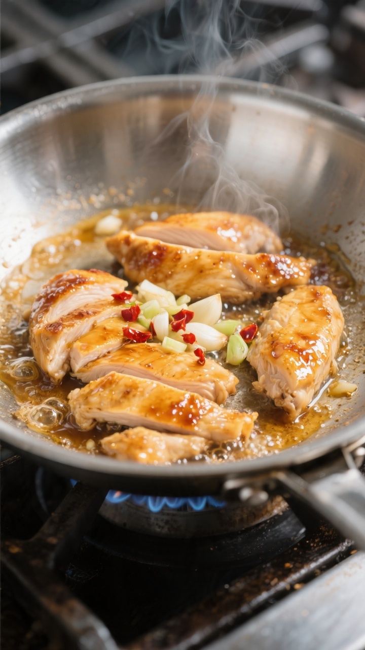 Cooking process, close-up detail: Thin-sliced honey garlic chicken searing in a stainless-steel skil