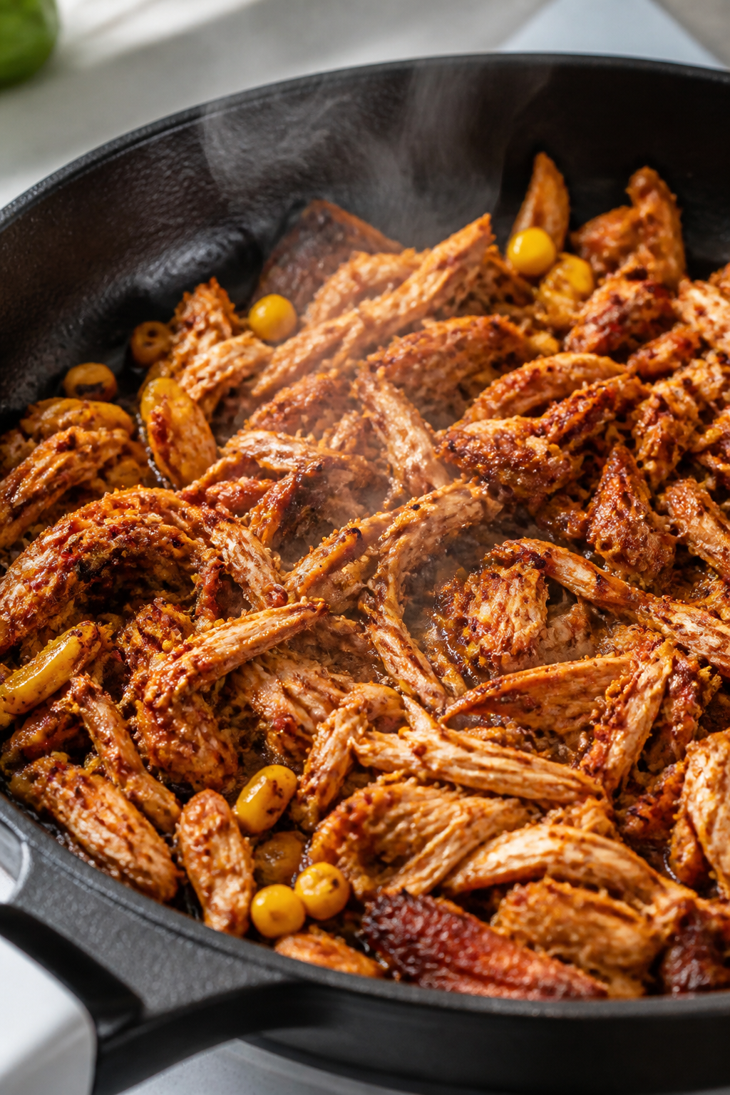 Cooking process, close-up detail: Warm taco-seasoned chicken sizzling in a skillet, shredded rotisse