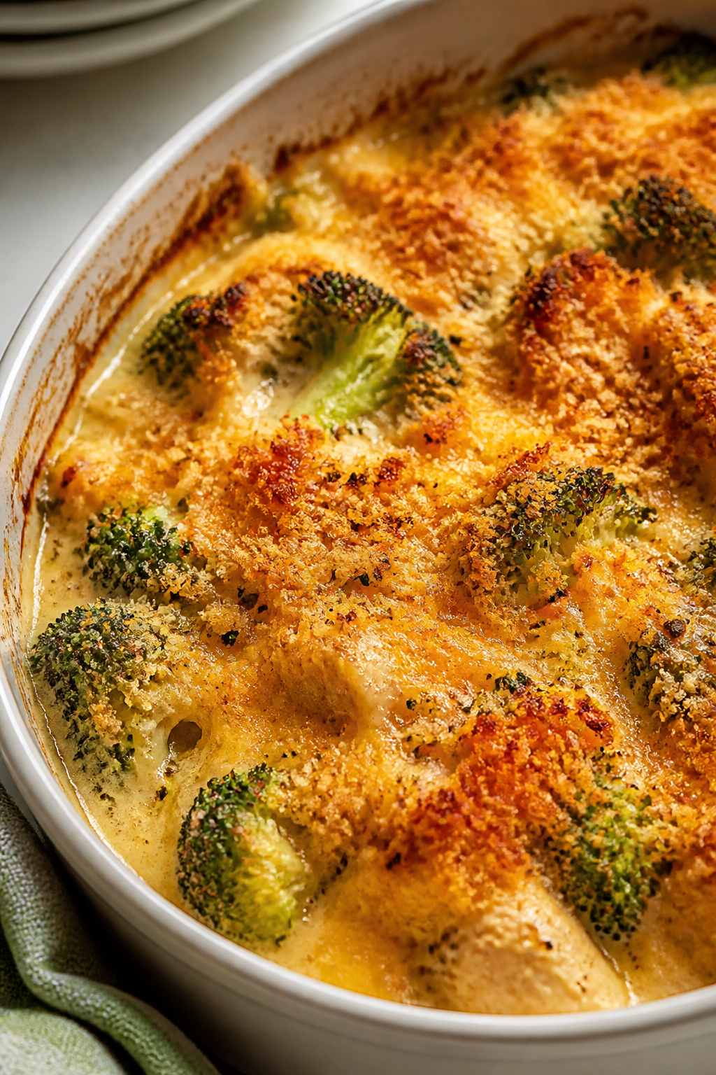 Cooking process, close-up: Golden, bubbling Creamy Chicken Broccoli Bake just pulled from the oven, 