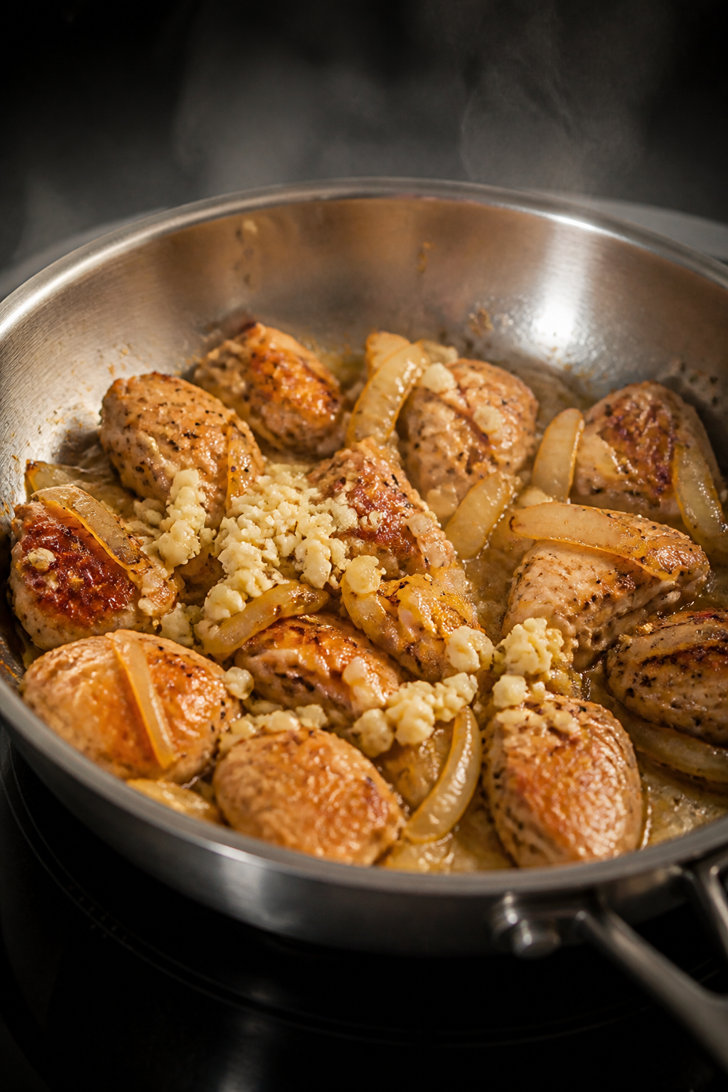 Cooking process close-up: Golden, just-cooked chicken pieces and sautéed onions in a stainless skil