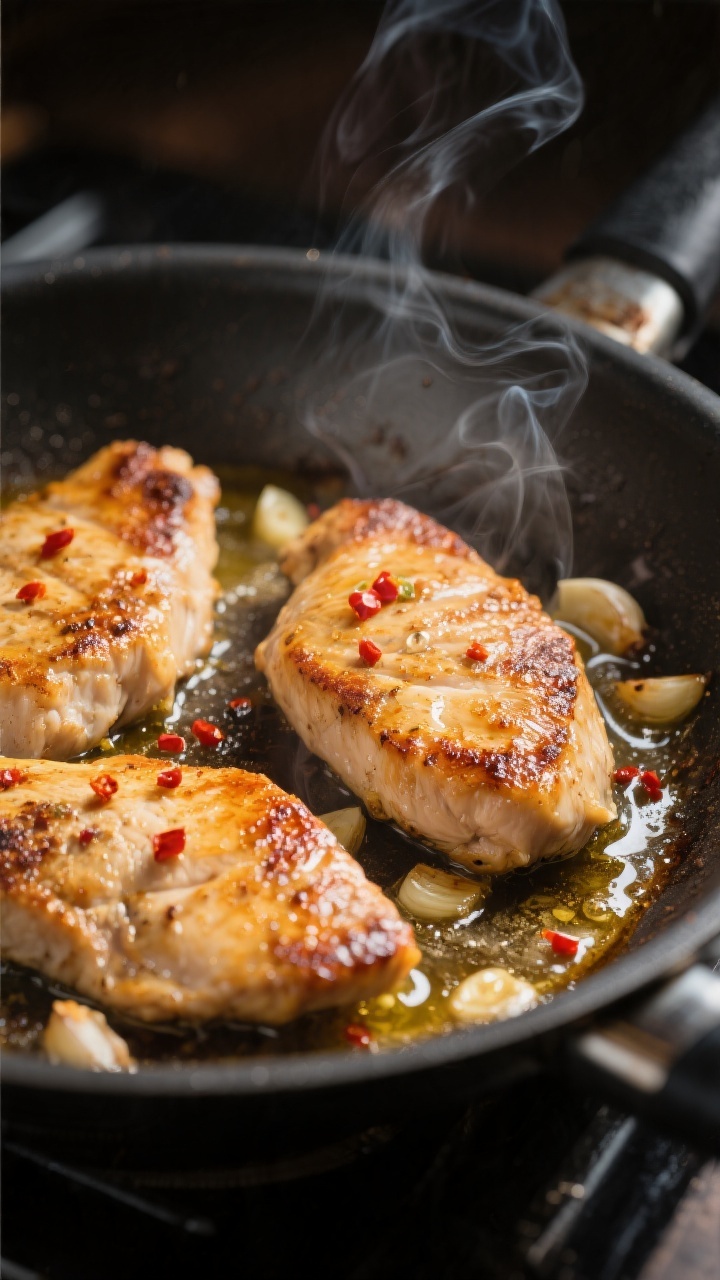 Cooking process close-up: Golden pan-seared chicken cutlets sizzling in a large skillet, edges deepl