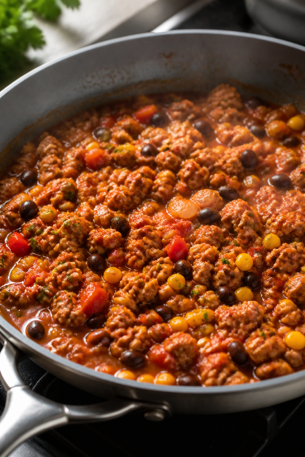Cooking process close-up: Ground chicken sizzling in a wide skillet with softened diced onion and re
