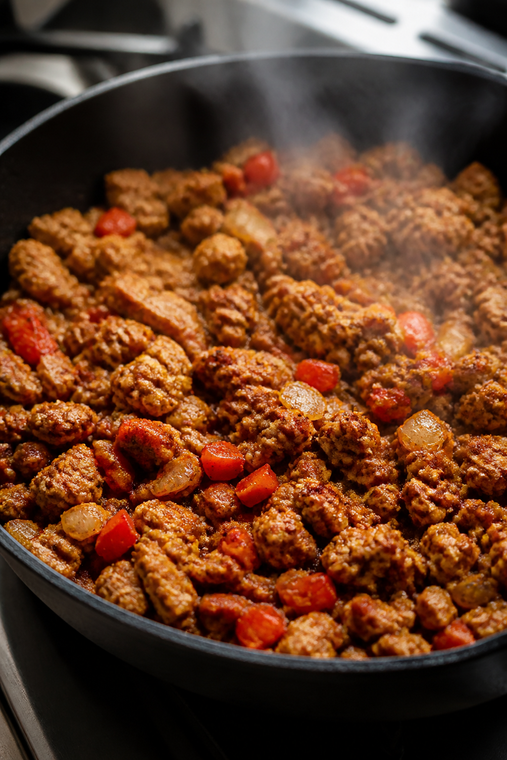 Cooking process close-up: Ground turkey browning in a deep skillet with softened diced onion and red