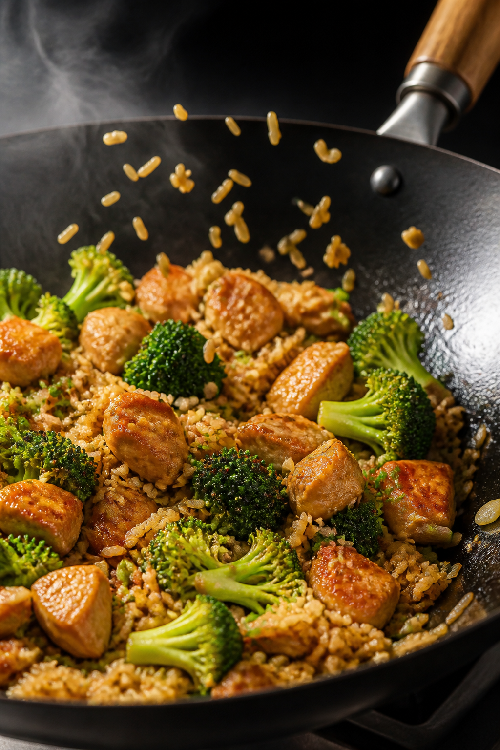 Cooking process, close-up: High-heat stir-fry action shot of chicken broccoli fried rice in a wok, s