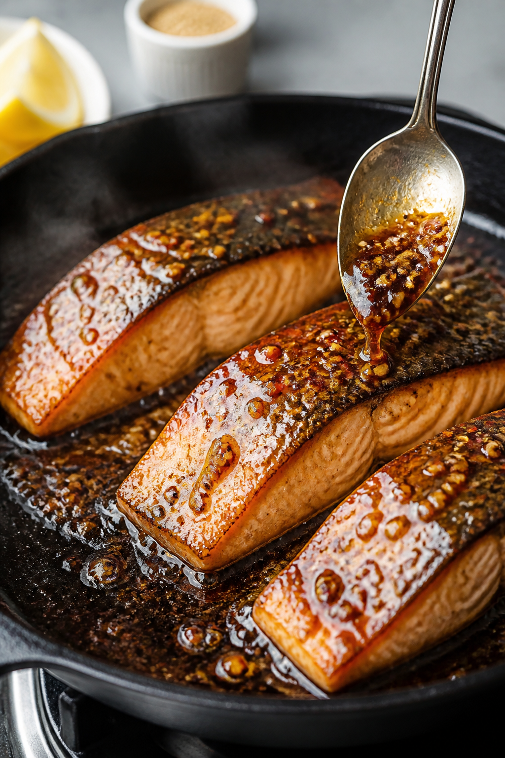 Cooking process, close-up: Honey garlic glazed salmon fillets mid-cook in a black cast-iron skillet,