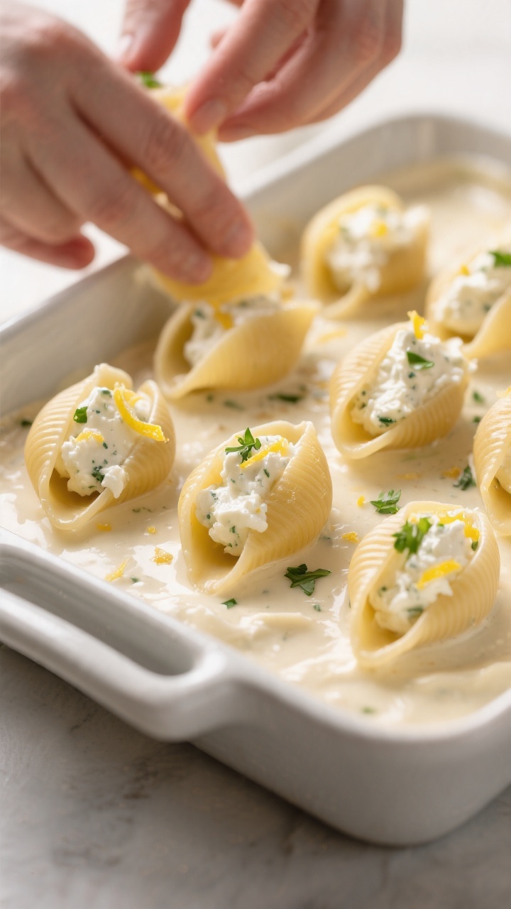 Cooking process close-up: Jumbo pasta shells being neatly stuffed with a creamy ricotta-mozzarella-P