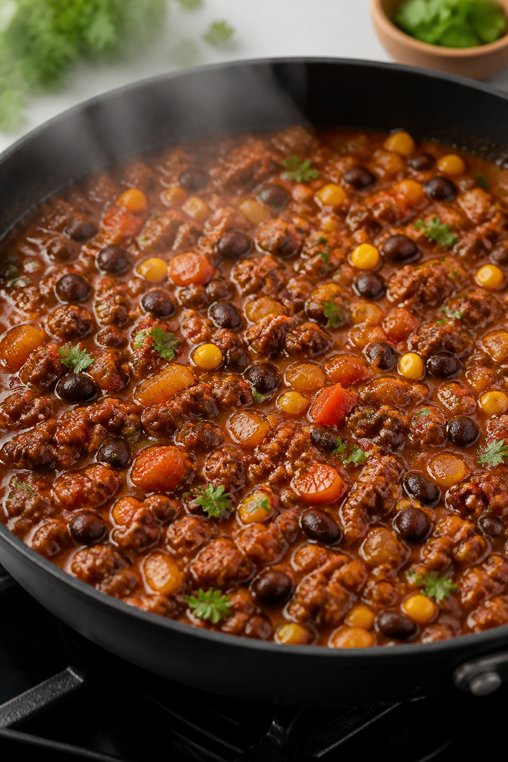 Cooking process close-up: Lean ground beef sautéed with softened diced yellow onion and bell pepper