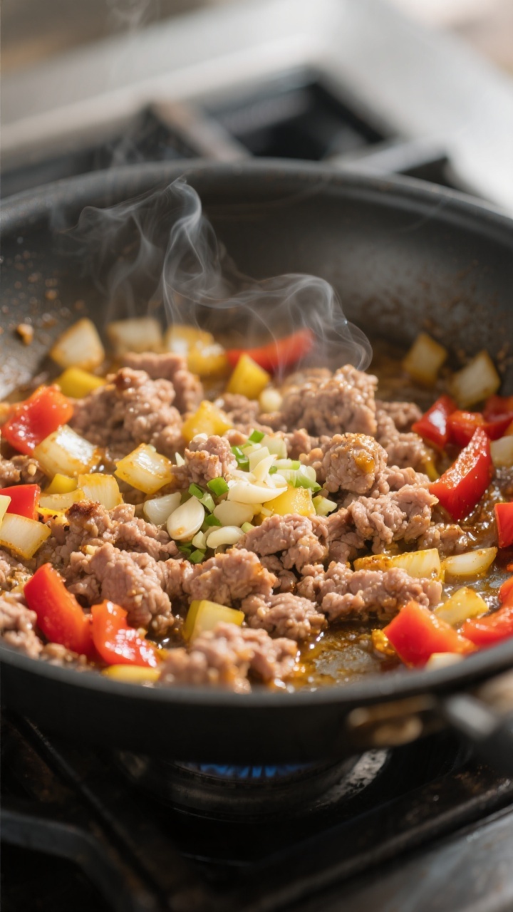 Cooking process close-up: Lean ground turkey browning in a wide skillet with softened diced yellow o