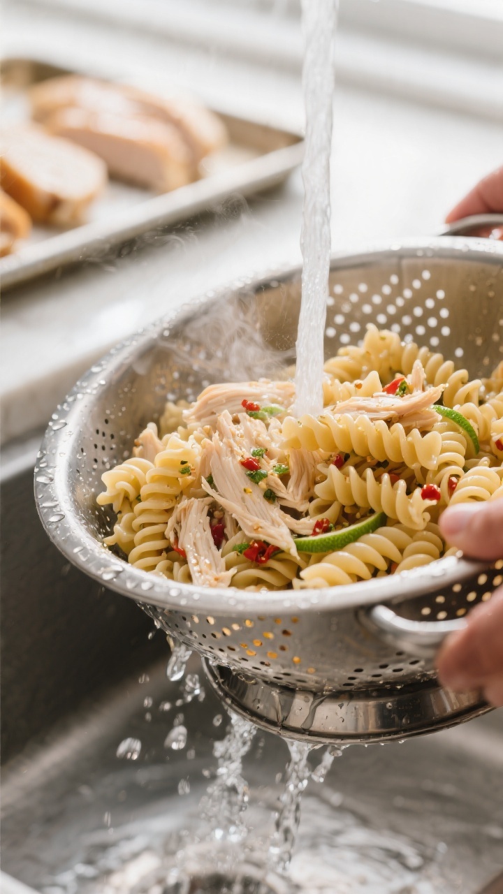 Cooking process: Close-up of al dente rotini being rinsed under cool water in a stainless colander, 