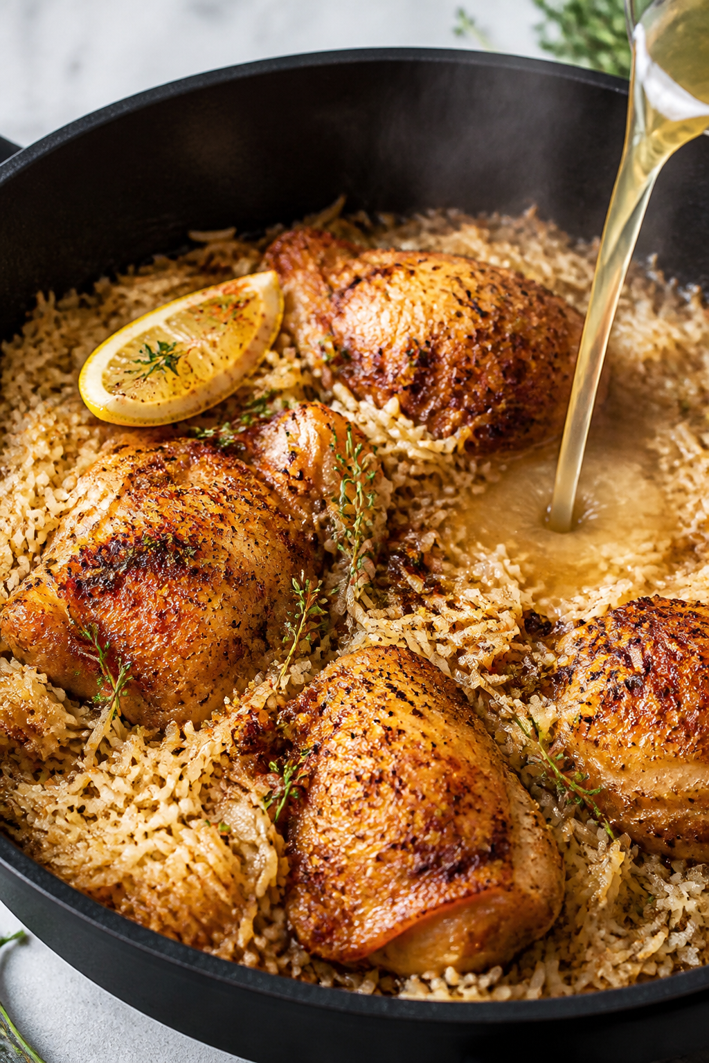 Cooking process — Close-up of seared chicken pieces nestled atop toasting long-grain white rice in