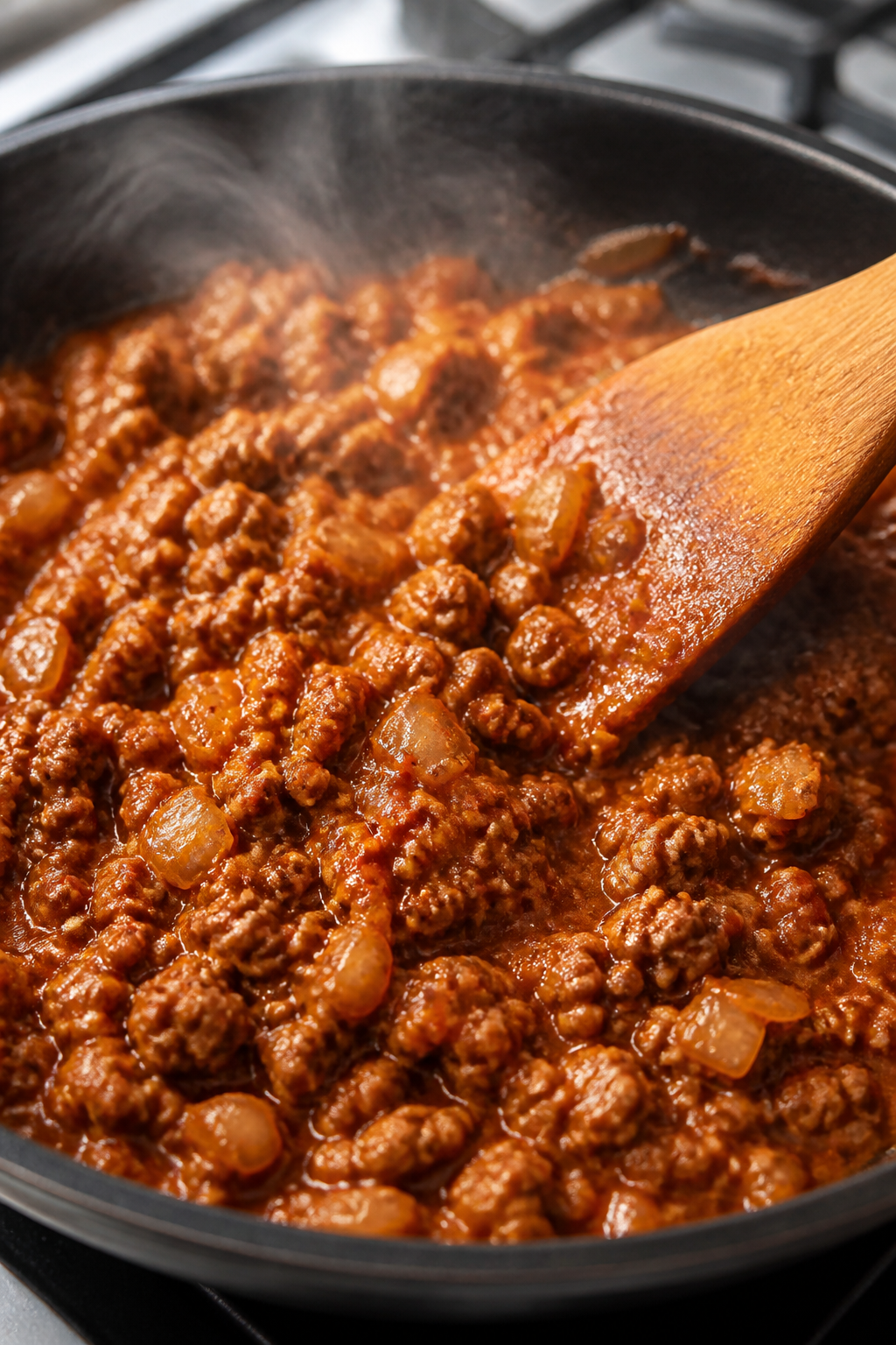 Cooking process – Close-up of seasoned lean ground beef simmering in a skillet with a glossy, toma