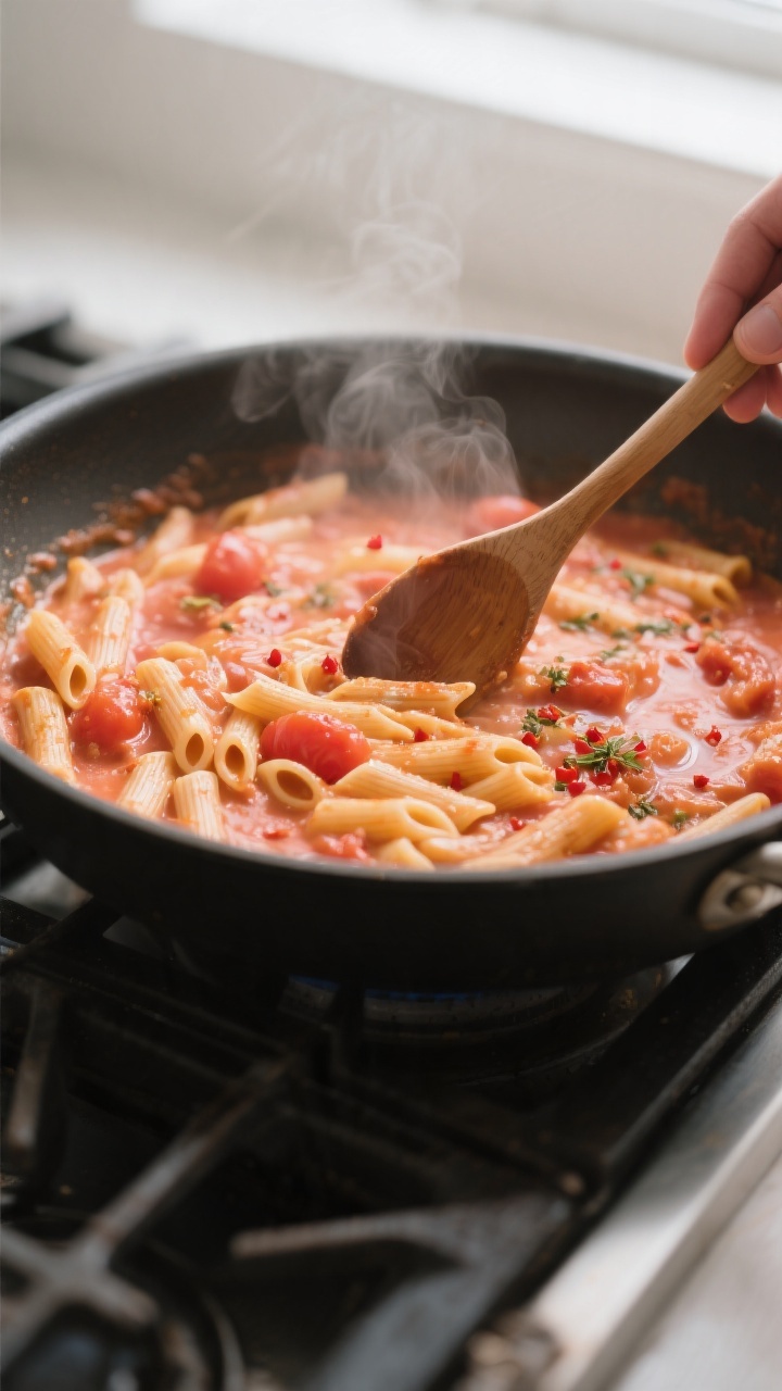 Cooking process close-up: One pot creamy tomato pasta simmering in a wide, deep skillet. Focus on gl