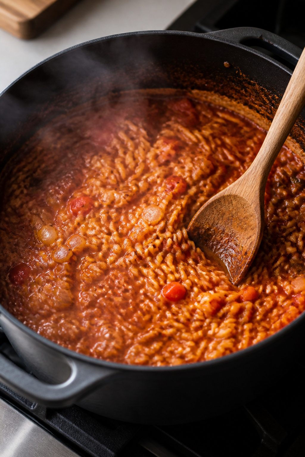 Cooking process close-up: One Pot Healthy Mexican Rice mid-simmer in a matte black Dutch oven, overh