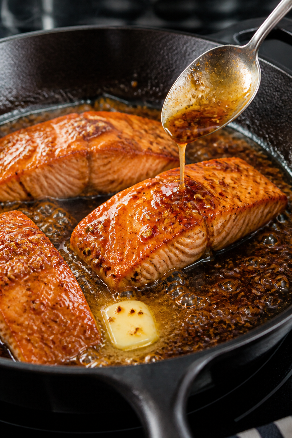 Cooking process close-up: Salmon fillets in a hot skillet just after the glaze is added, showing glo