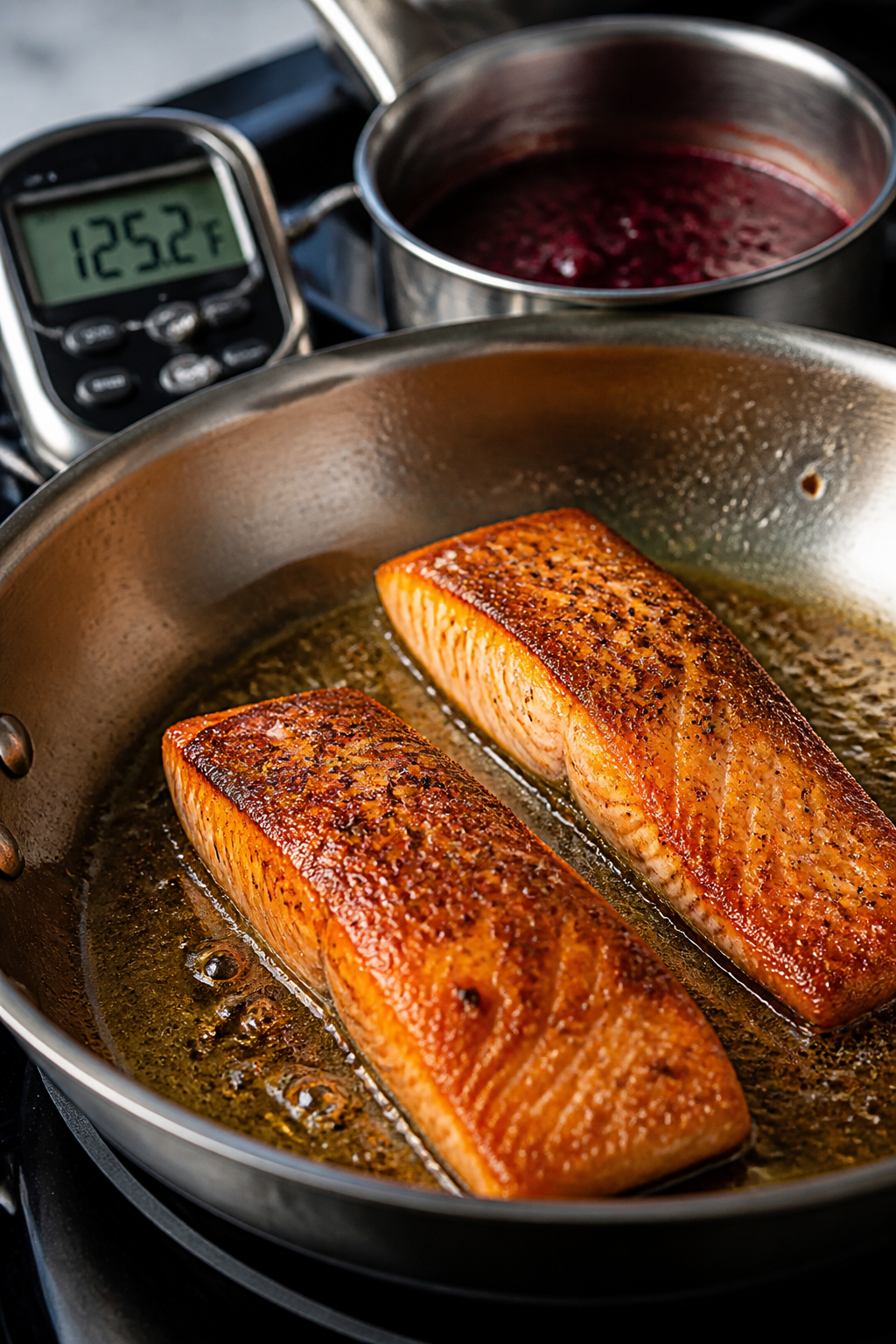 Cooking process close-up: Salmon fillets searing presentation-side down in a stainless skillet, gold