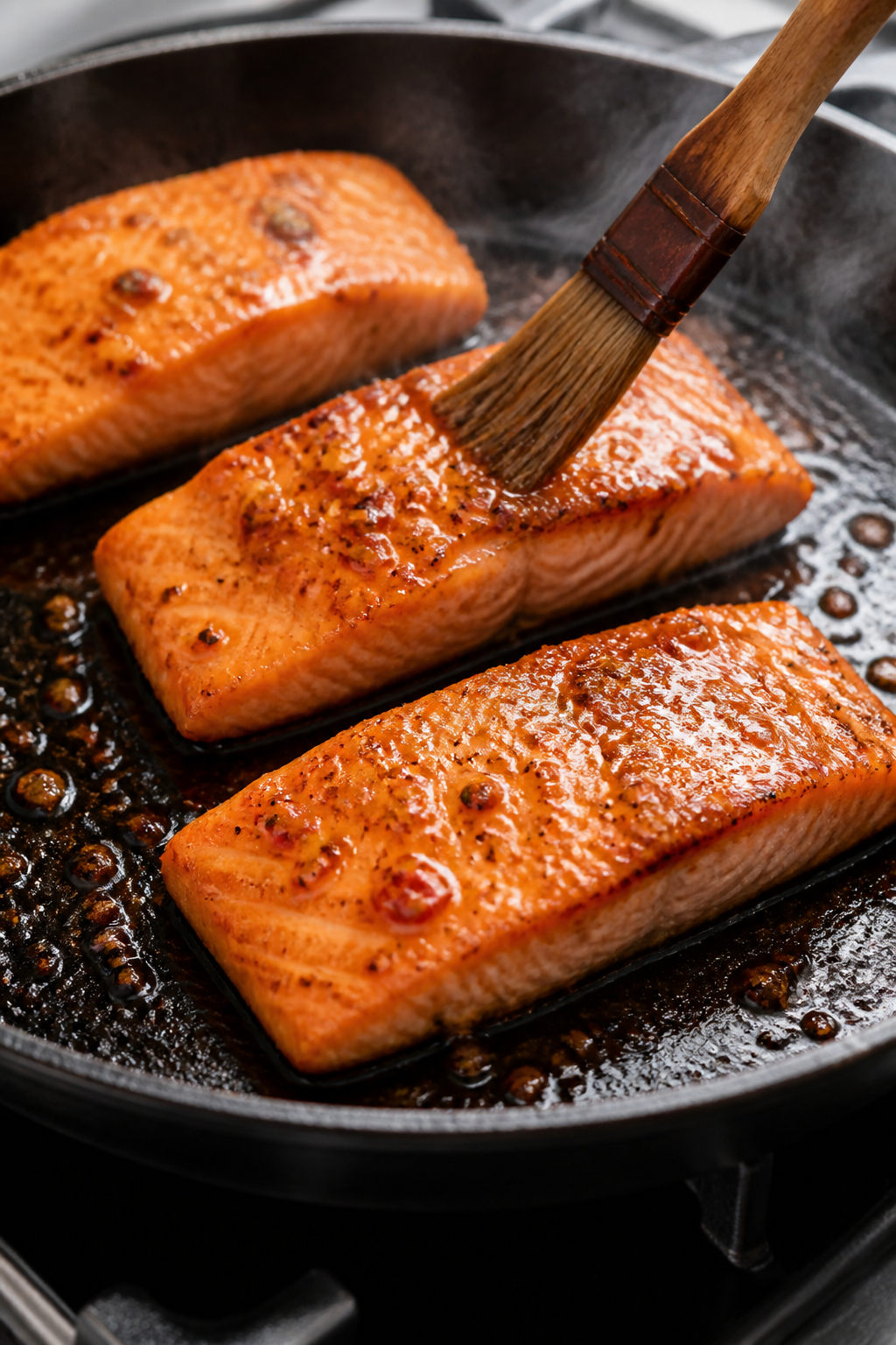 Cooking process close-up: Salmon fillets searing skin-side down in a well-seasoned skillet, skin cri