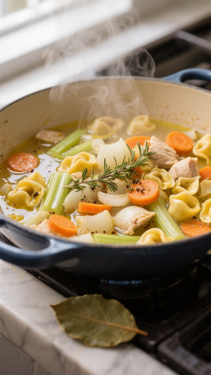 Cooking process, close-up: Sautéed aromatics for creamy chicken tortellini soup sizzling in a Dutch