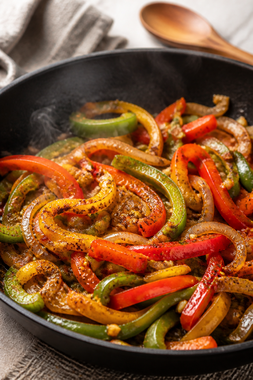 Cooking process close-up: Sautéed bell peppers and onions with minced garlic in a matte black skill