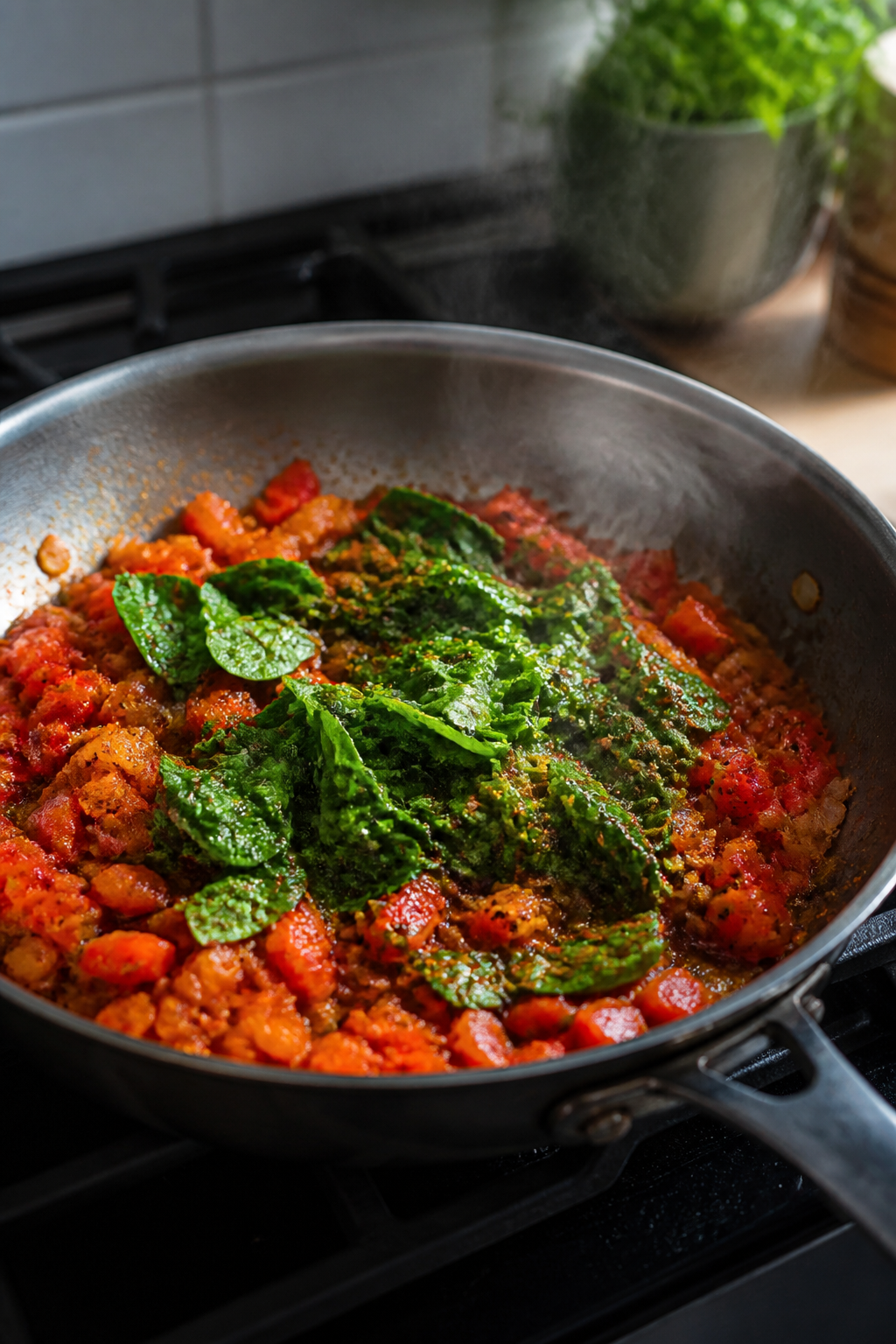Cooking process close-up: Sautéed red bell pepper and finely diced red onion glistening in olive oi