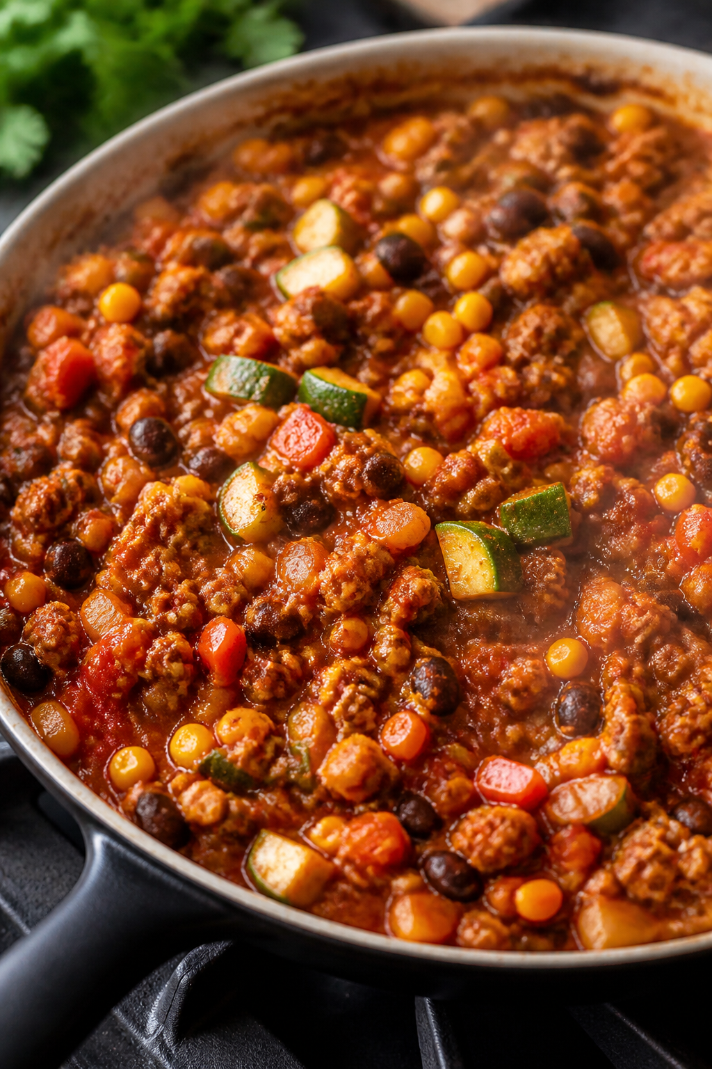 Cooking process close-up: Sautéed taco filling in a large skillet, showing browned lean ground turk