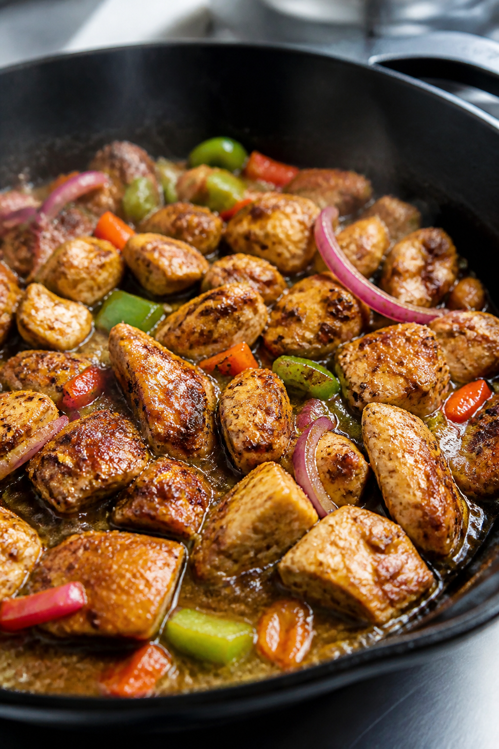 Cooking process close-up: Sautéed taco-seasoned chicken in a black skillet, glistening with a light